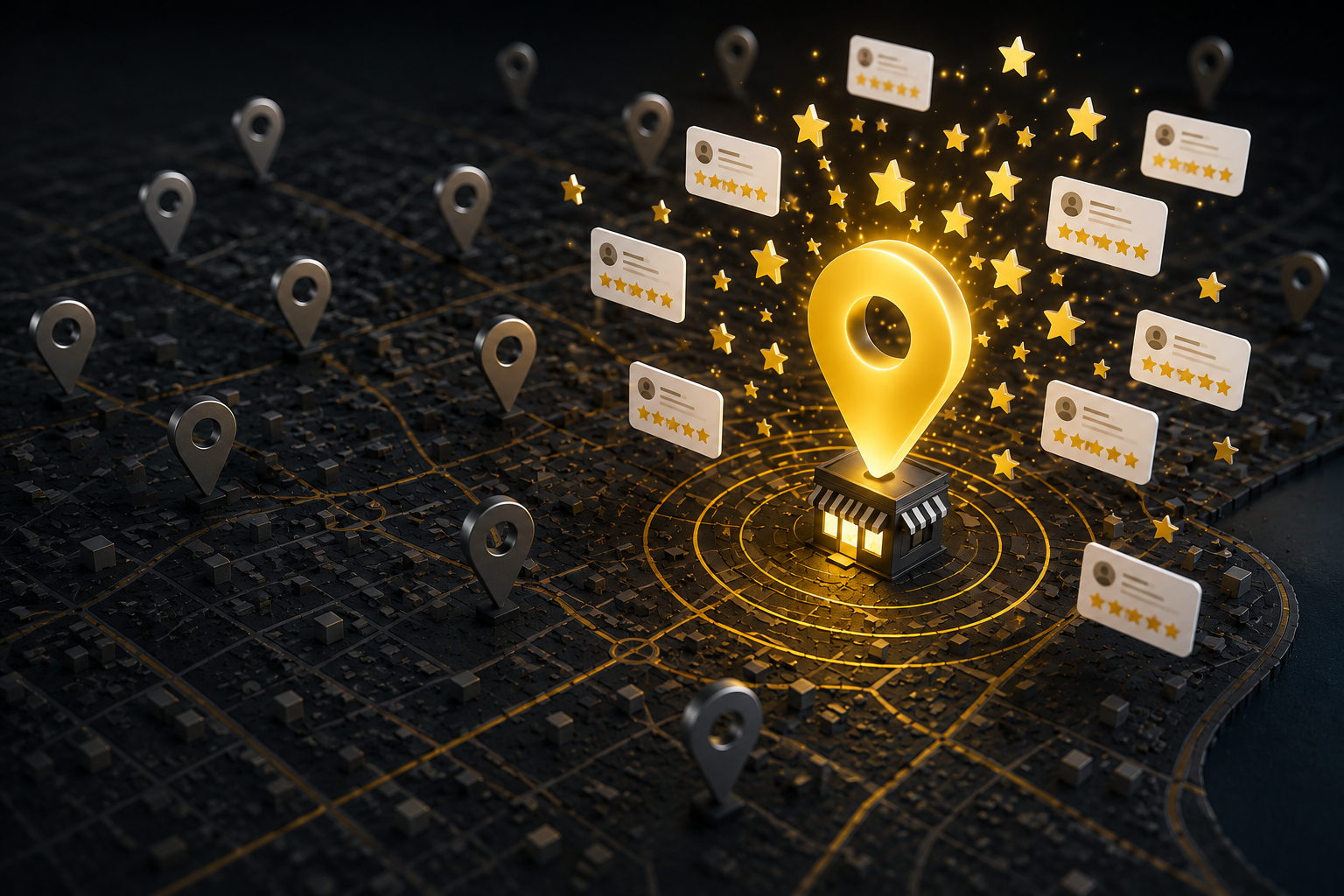 Empresa em destaque no mapa com avaliações positivas